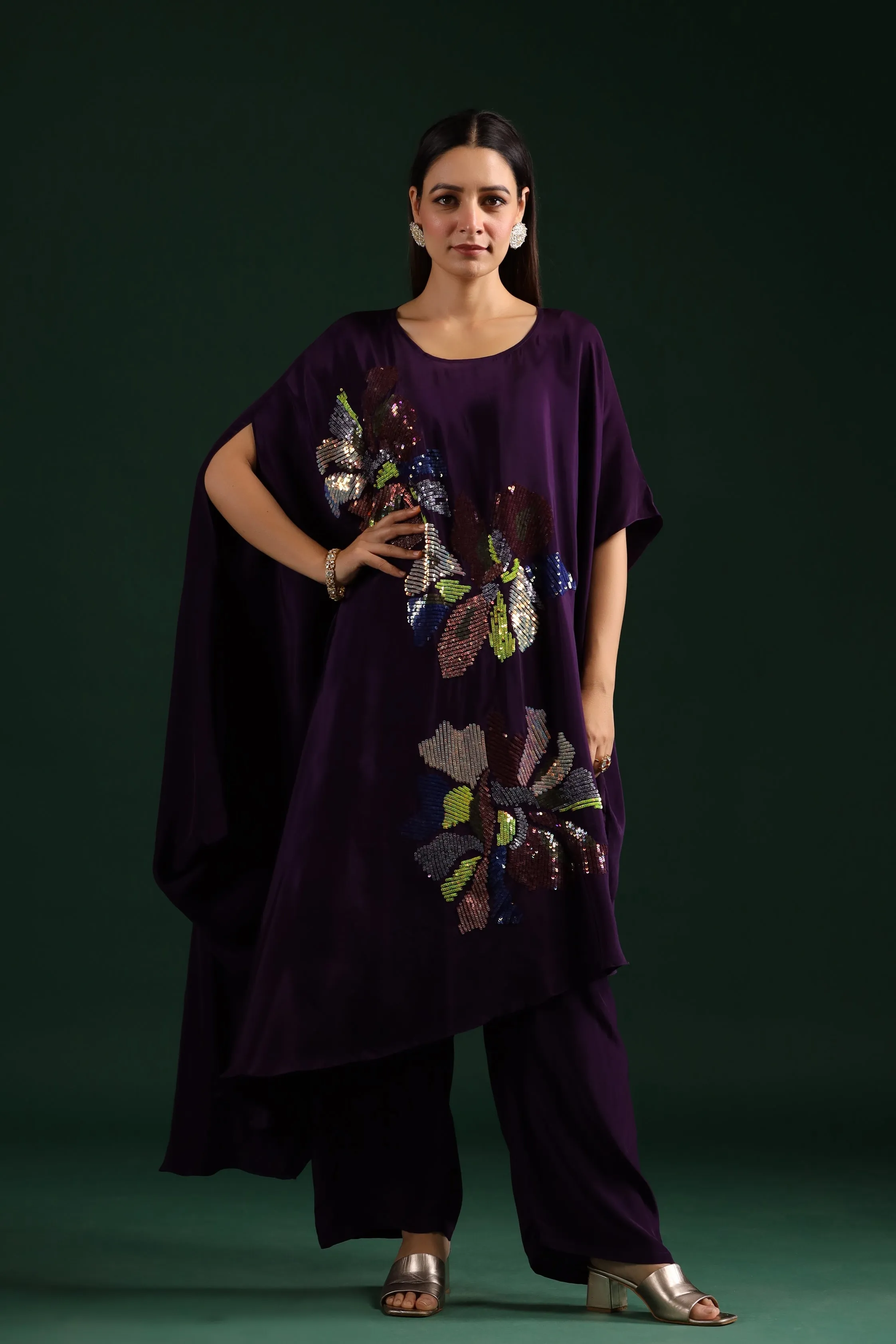 Deep Purple Asymmetrical Embellished Tunic with Pants Set