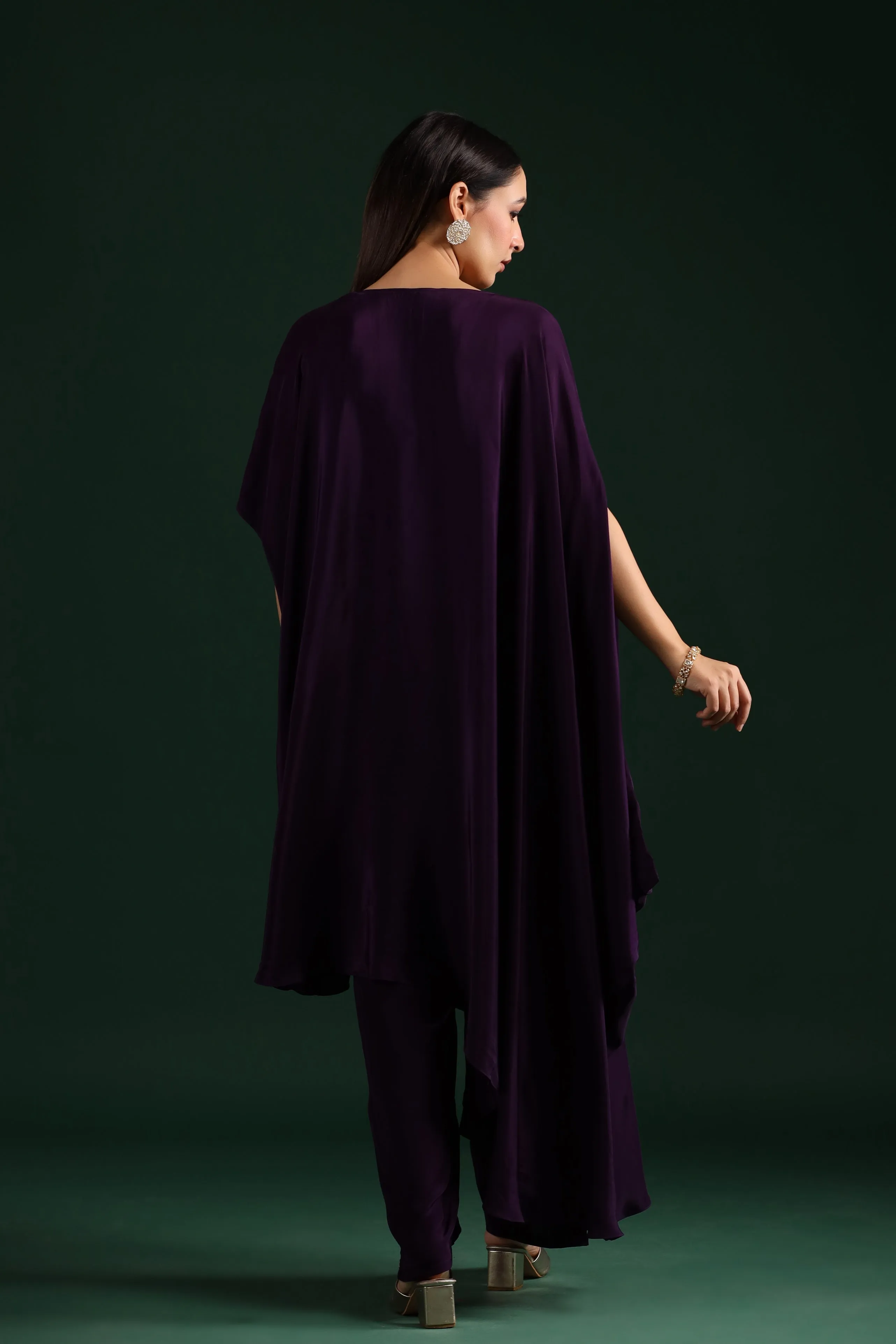 Deep Purple Asymmetrical Embellished Tunic with Pants Set