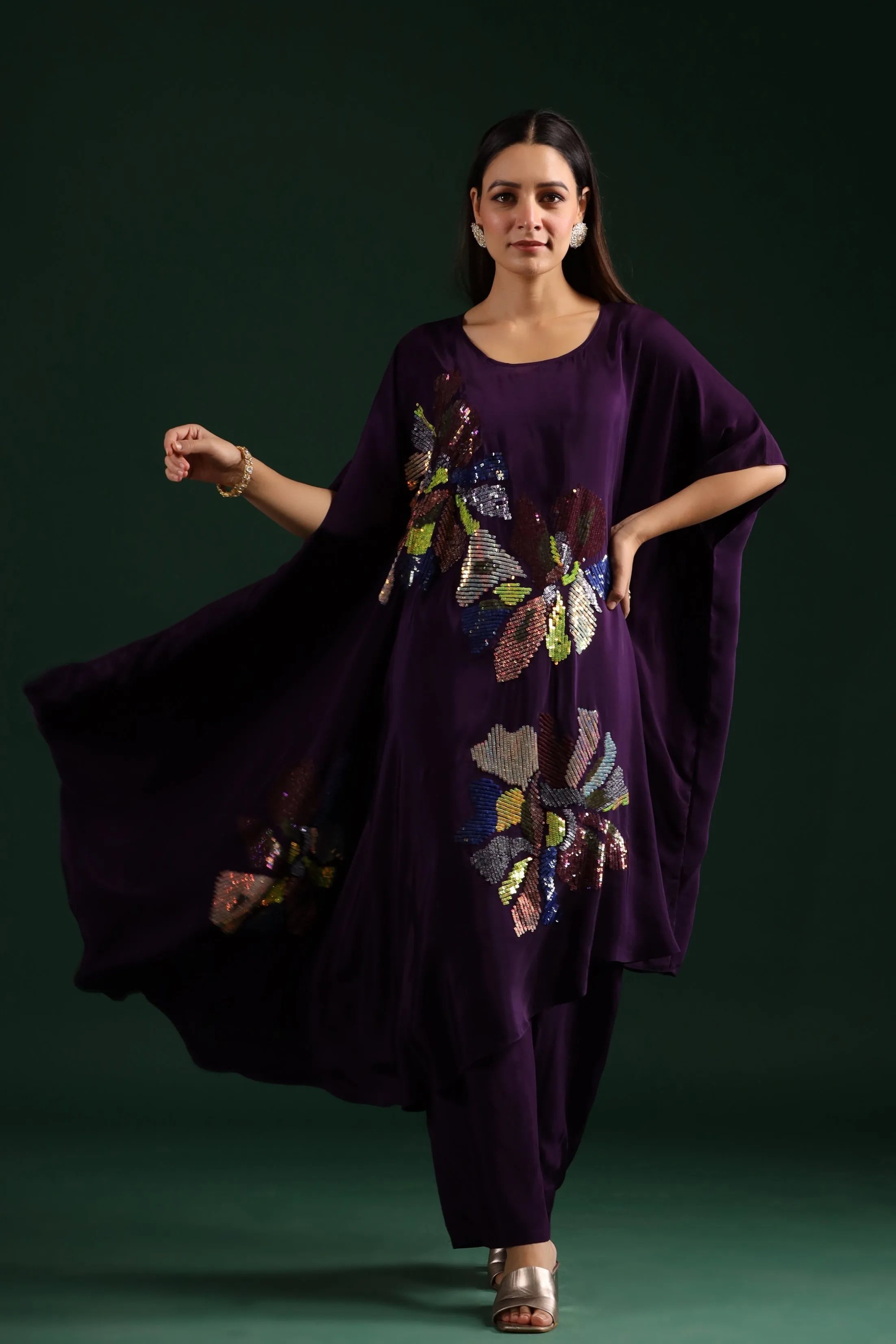 Deep Purple Asymmetrical Embellished Tunic with Pants Set