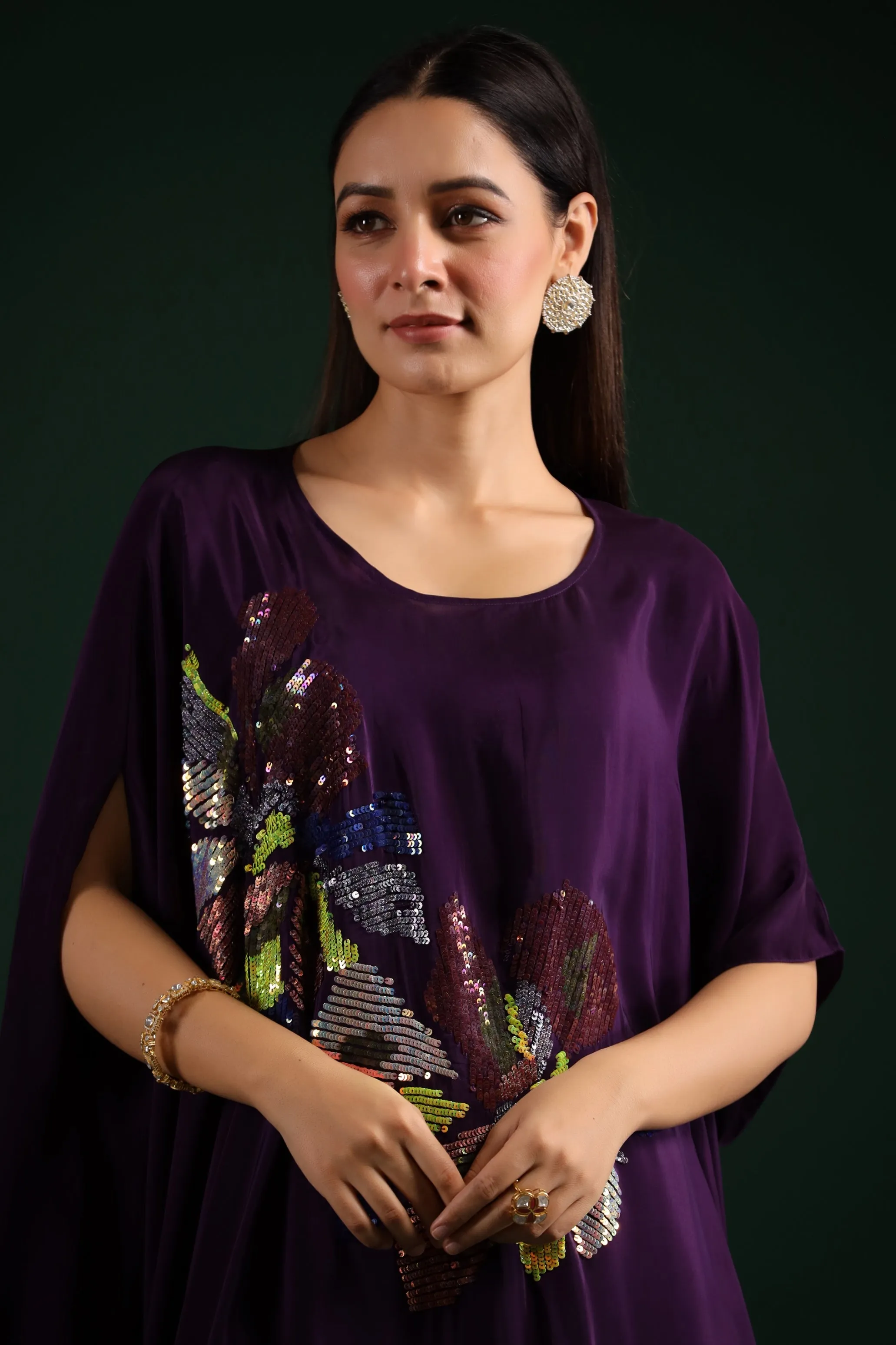 Deep Purple Asymmetrical Embellished Tunic with Pants Set