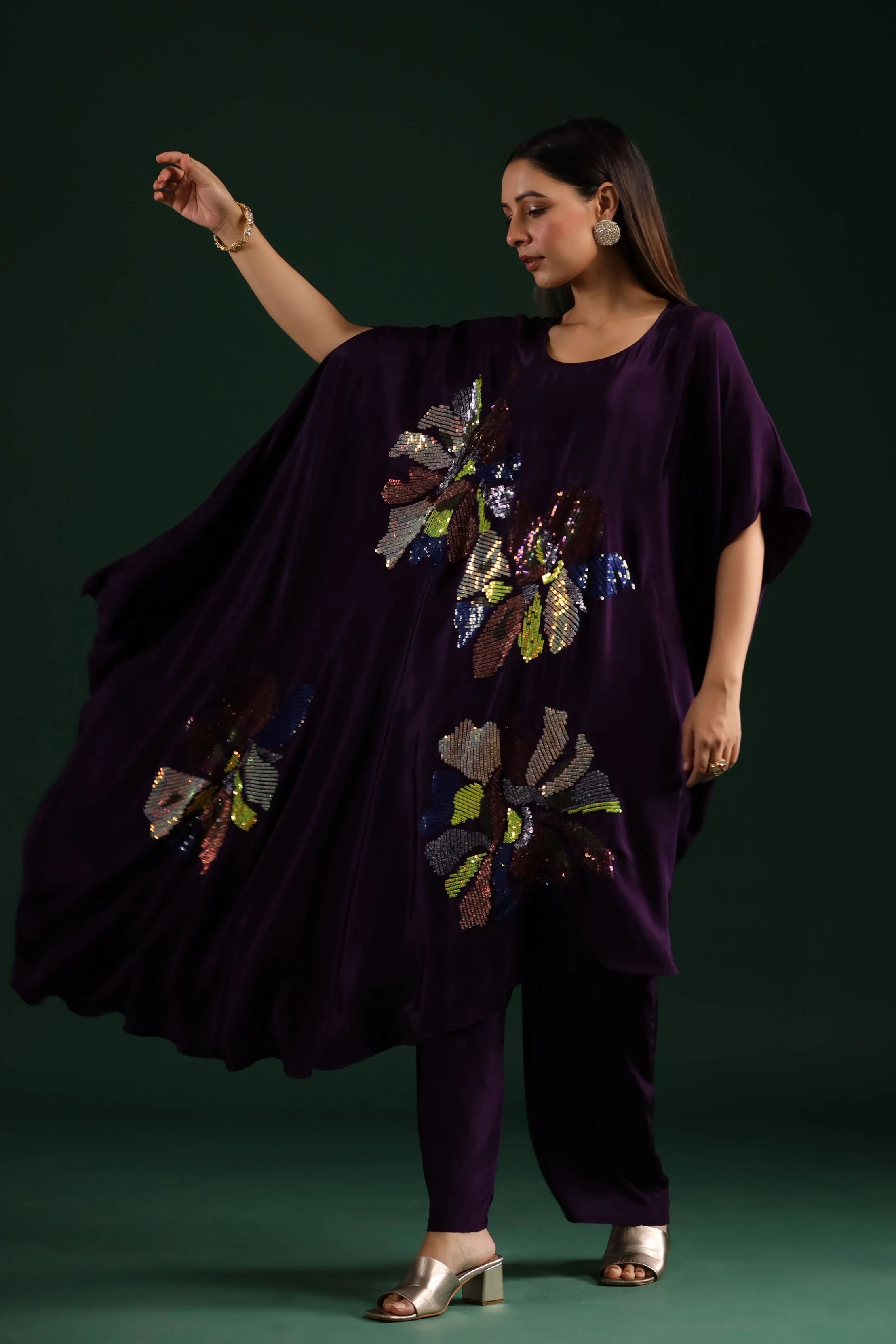 Deep Purple Asymmetrical Embellished Tunic with Pants Set