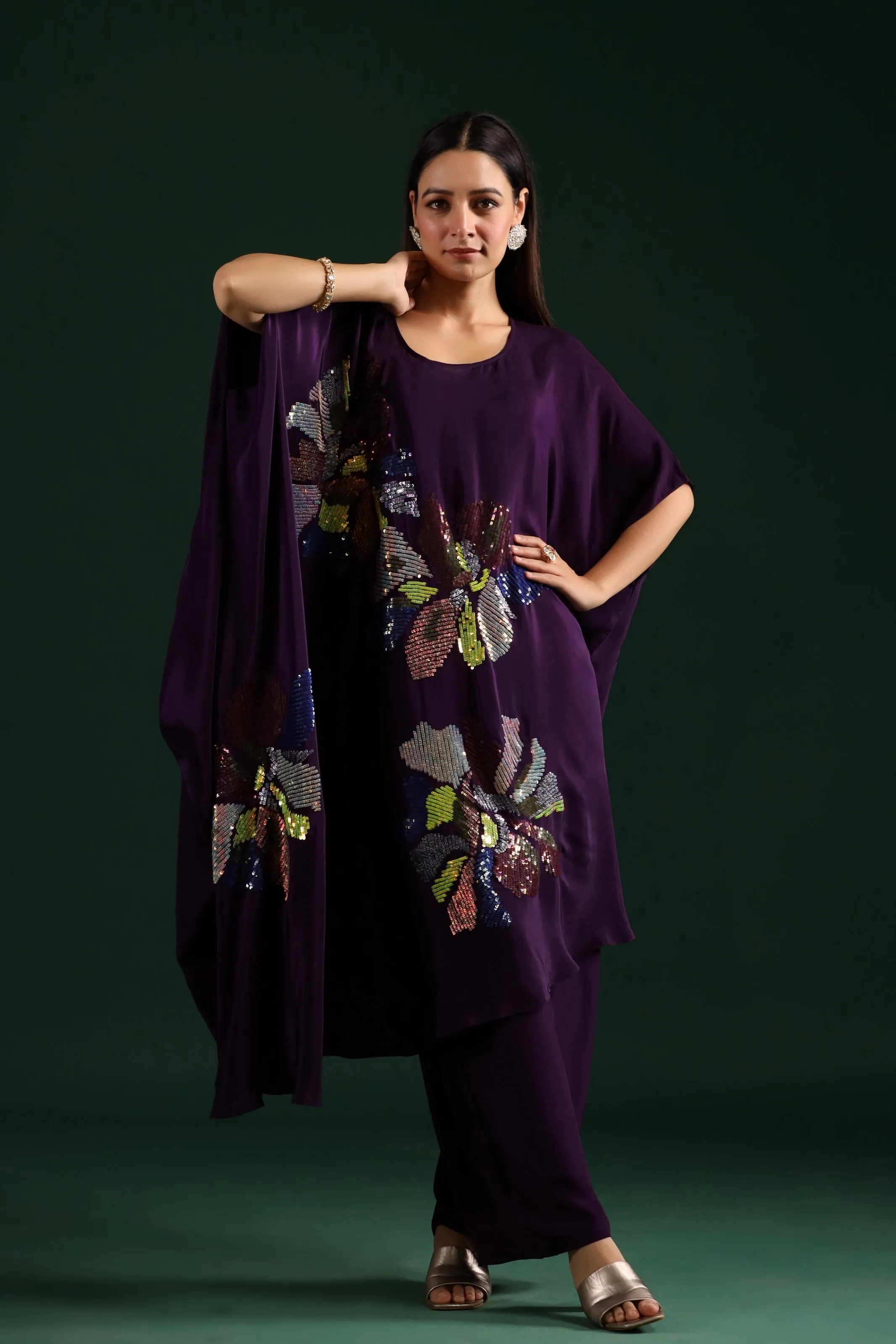 Deep Purple Asymmetrical Embellished Tunic with Pants Set