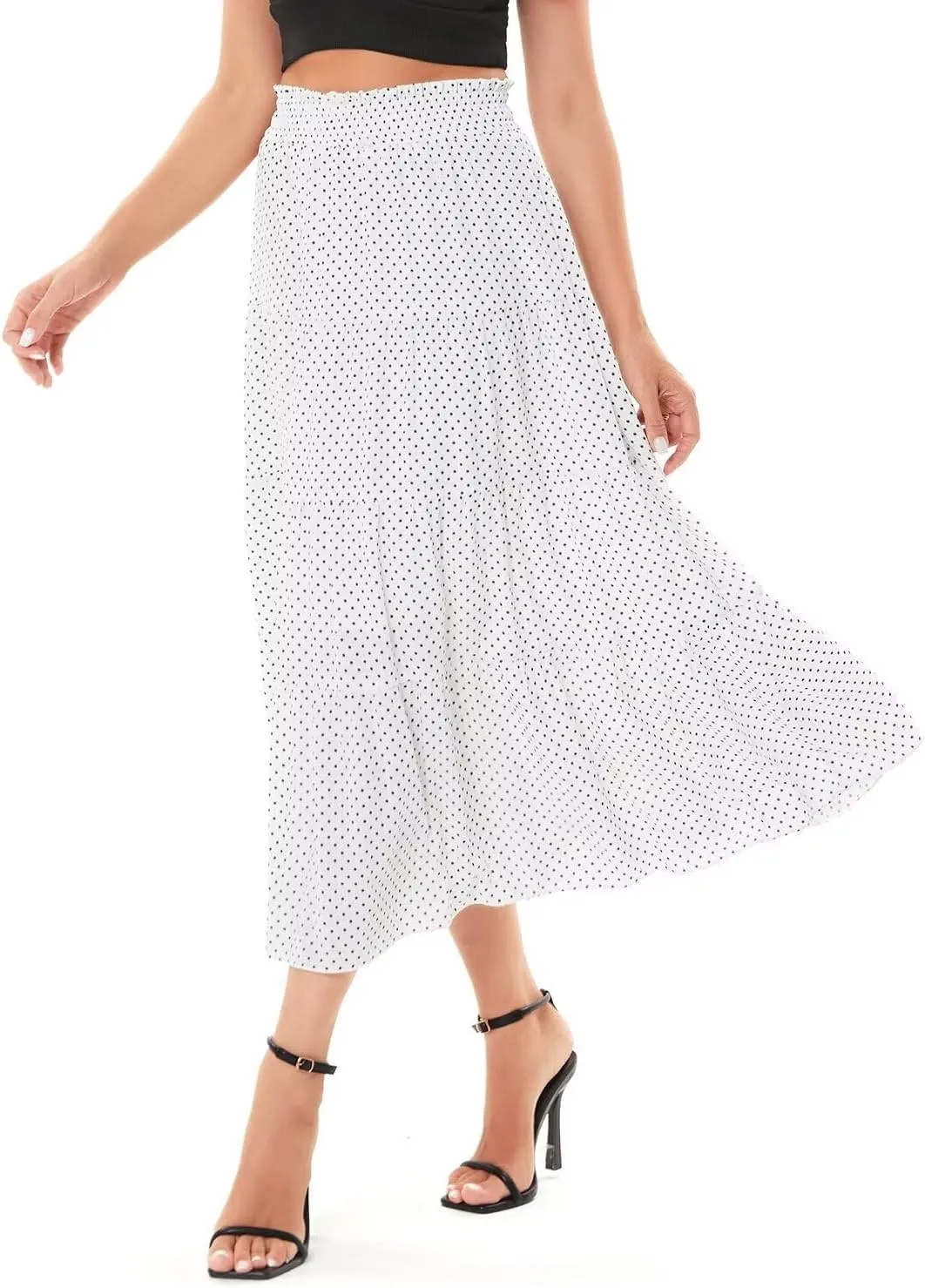 DIASHINY Women's Floral Printed High Waist Polka Dot Elastic Waist A Line Layered Long Skirt