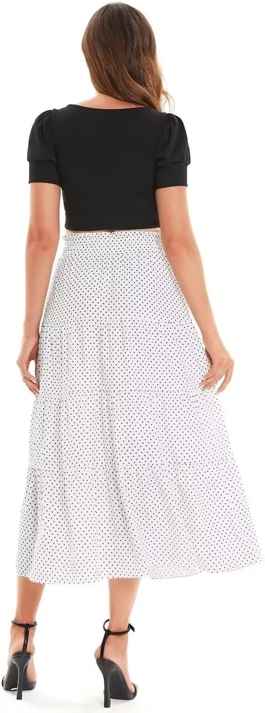 DIASHINY Women's Floral Printed High Waist Polka Dot Elastic Waist A Line Layered Long Skirt
