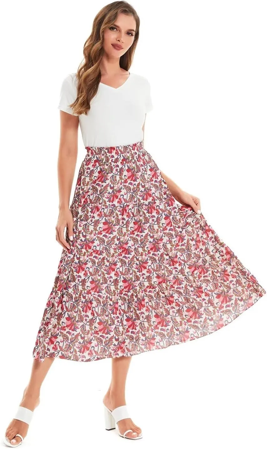 DIASHINY Women's Floral Printed High Waist Polka Dot Elastic Waist A Line Layered Long Skirt