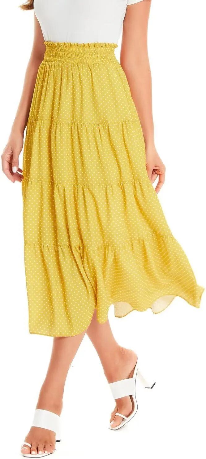 DIASHINY Women's Floral Printed High Waist Polka Dot Elastic Waist A Line Layered Long Skirt