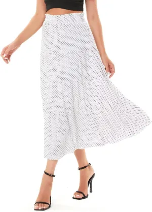 DIASHINY Women's Floral Printed High Waist Polka Dot Elastic Waist A Line Layered Long Skirt
