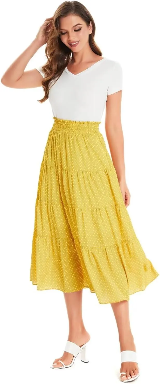 DIASHINY Women's Floral Printed High Waist Polka Dot Elastic Waist A Line Layered Long Skirt