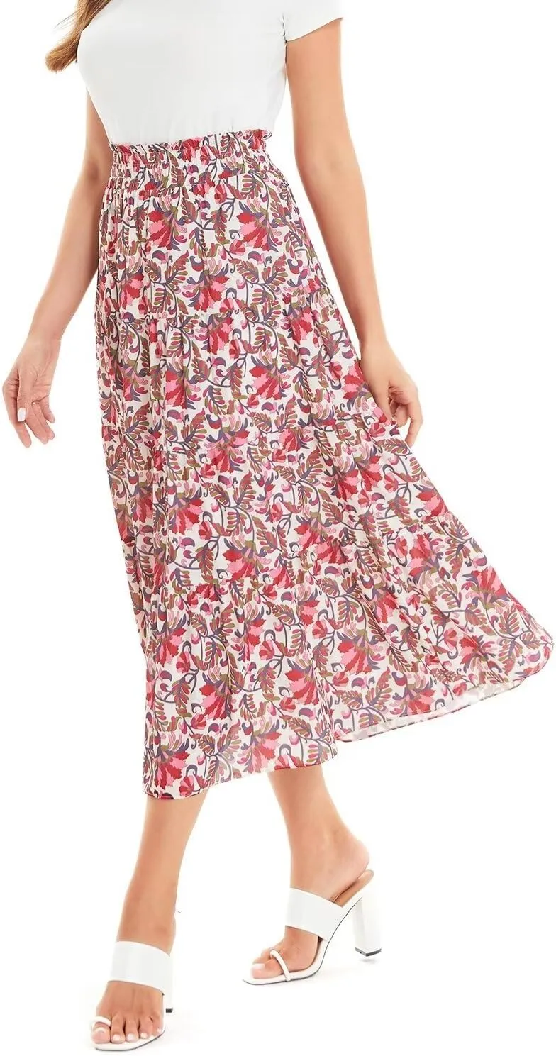 DIASHINY Women's Floral Printed High Waist Polka Dot Elastic Waist A Line Layered Long Skirt