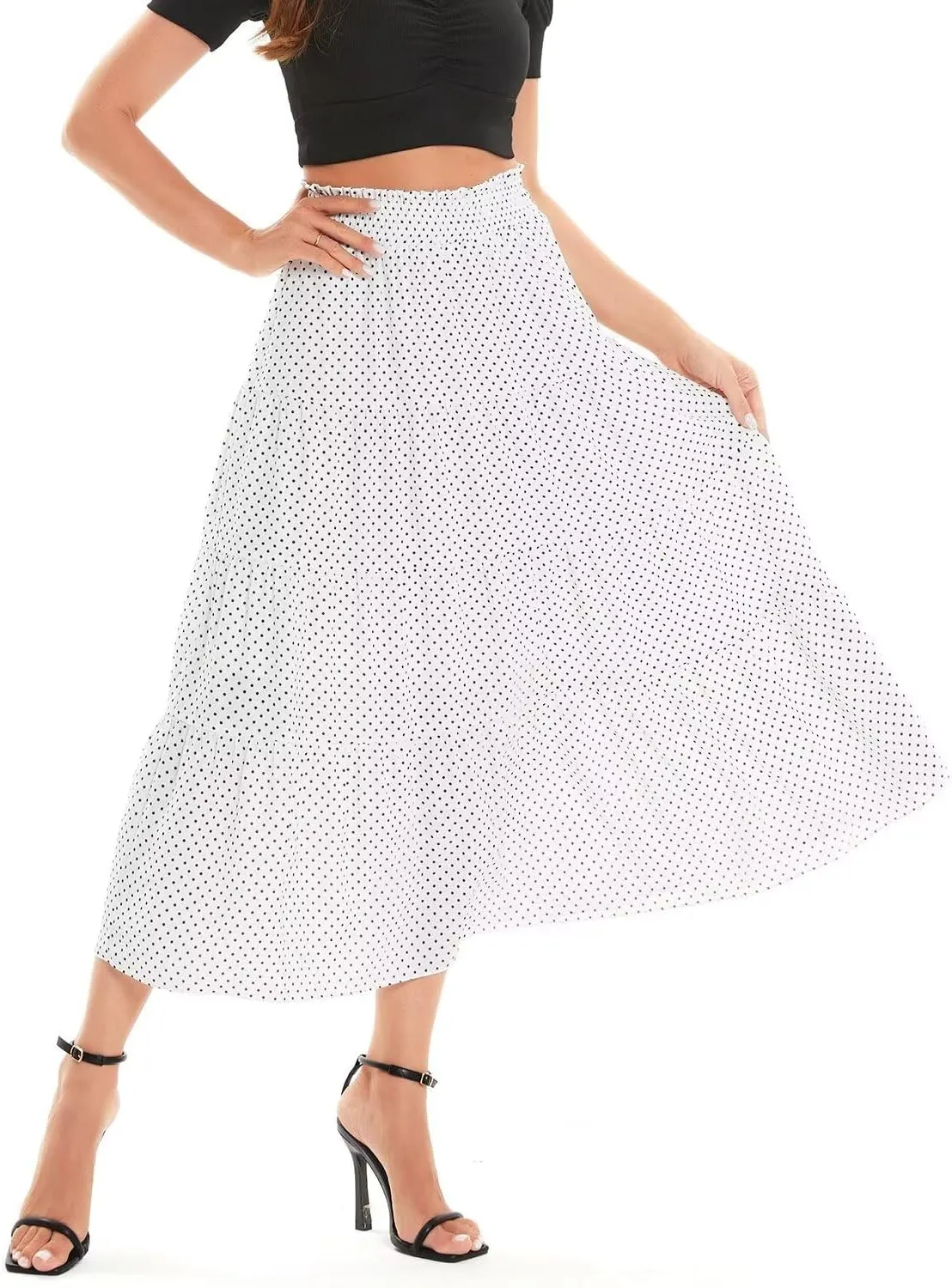 DIASHINY Women's Floral Printed High Waist Polka Dot Elastic Waist A Line Layered Long Skirt