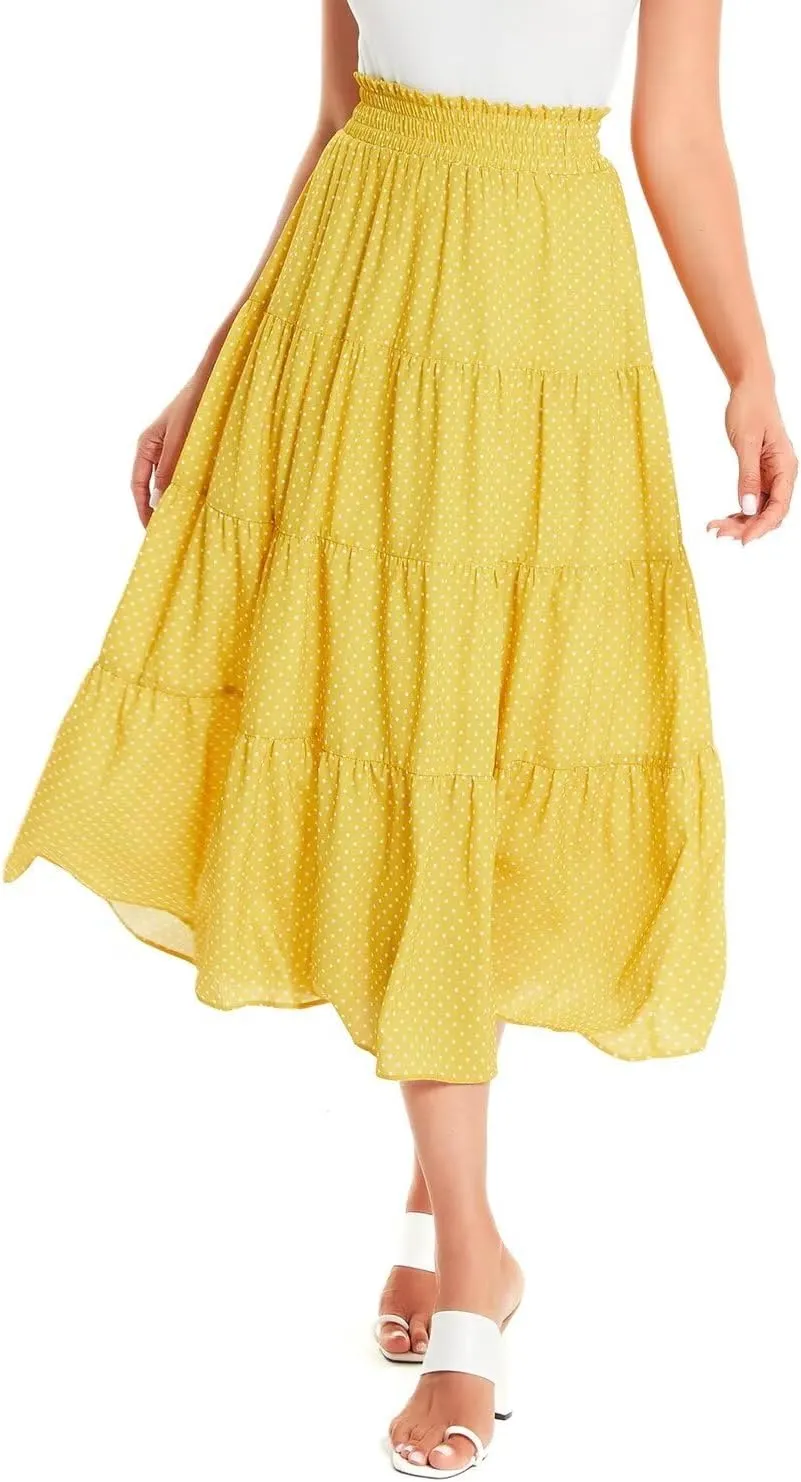 DIASHINY Women's Floral Printed High Waist Polka Dot Elastic Waist A Line Layered Long Skirt