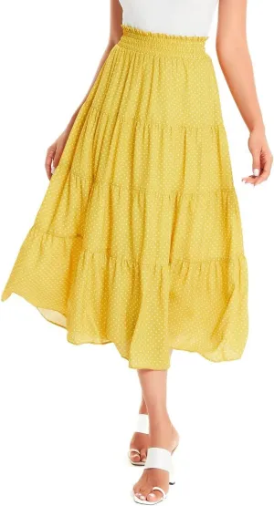DIASHINY Women's Floral Printed High Waist Polka Dot Elastic Waist A Line Layered Long Skirt