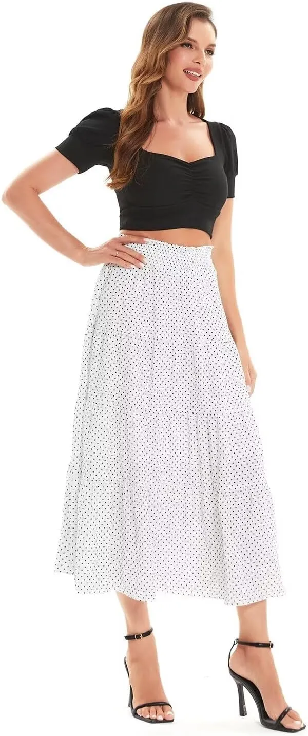 DIASHINY Women's Floral Printed High Waist Polka Dot Elastic Waist A Line Layered Long Skirt