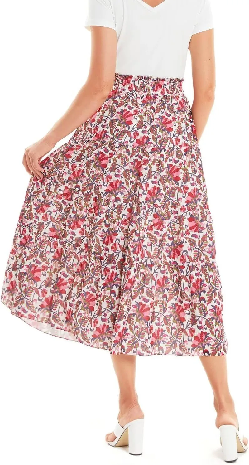 DIASHINY Women's Floral Printed High Waist Polka Dot Elastic Waist A Line Layered Long Skirt