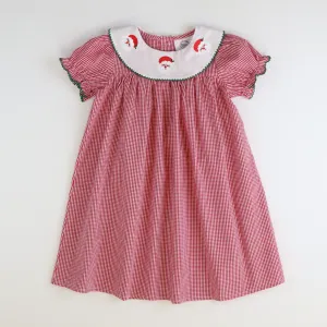 Embroidered Santa Face Bib Dress - Red Mini Gingham