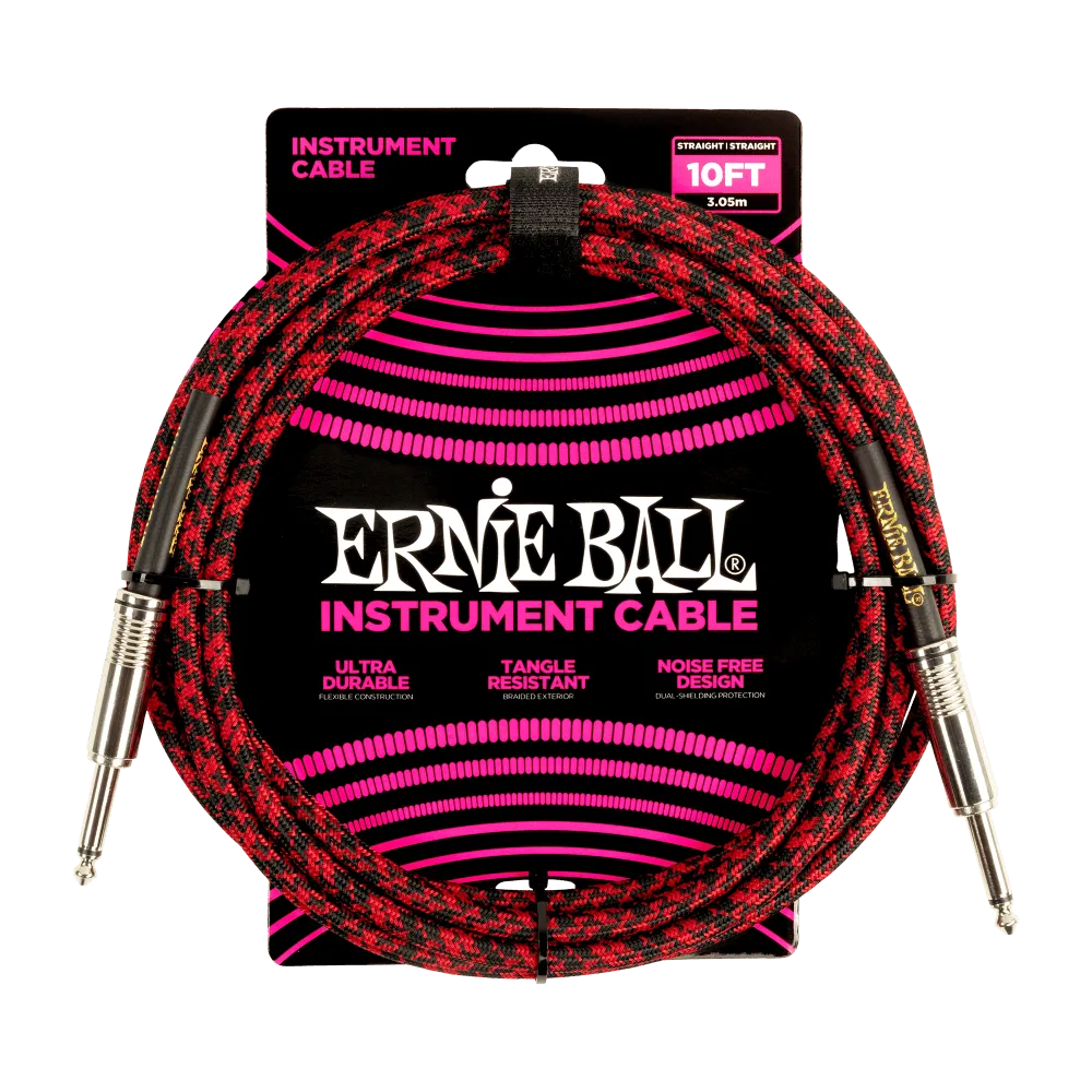 Ernie Ball 10 Foot Braided Straight/Straight Instrument Cable - RED/BLACK