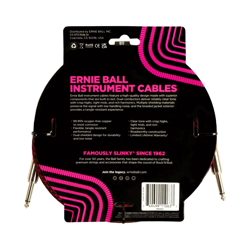 Ernie Ball 10 Foot Braided Straight/Straight Instrument Cable - RED/BLACK