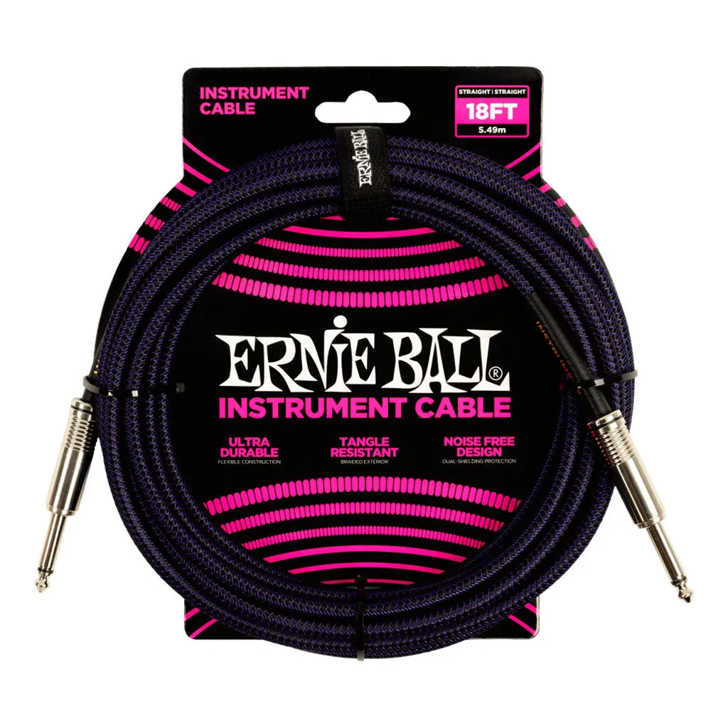 Ernie Ball - 18' Braided Straight/Straight Instrument Cable - Purple & Black | Instrument Cables | P06395
