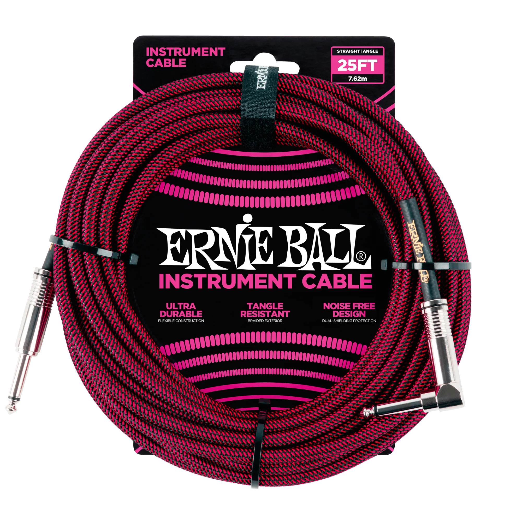 Ernie Ball 25 Braided Straight / Angle Instrument Cable - Black / Red