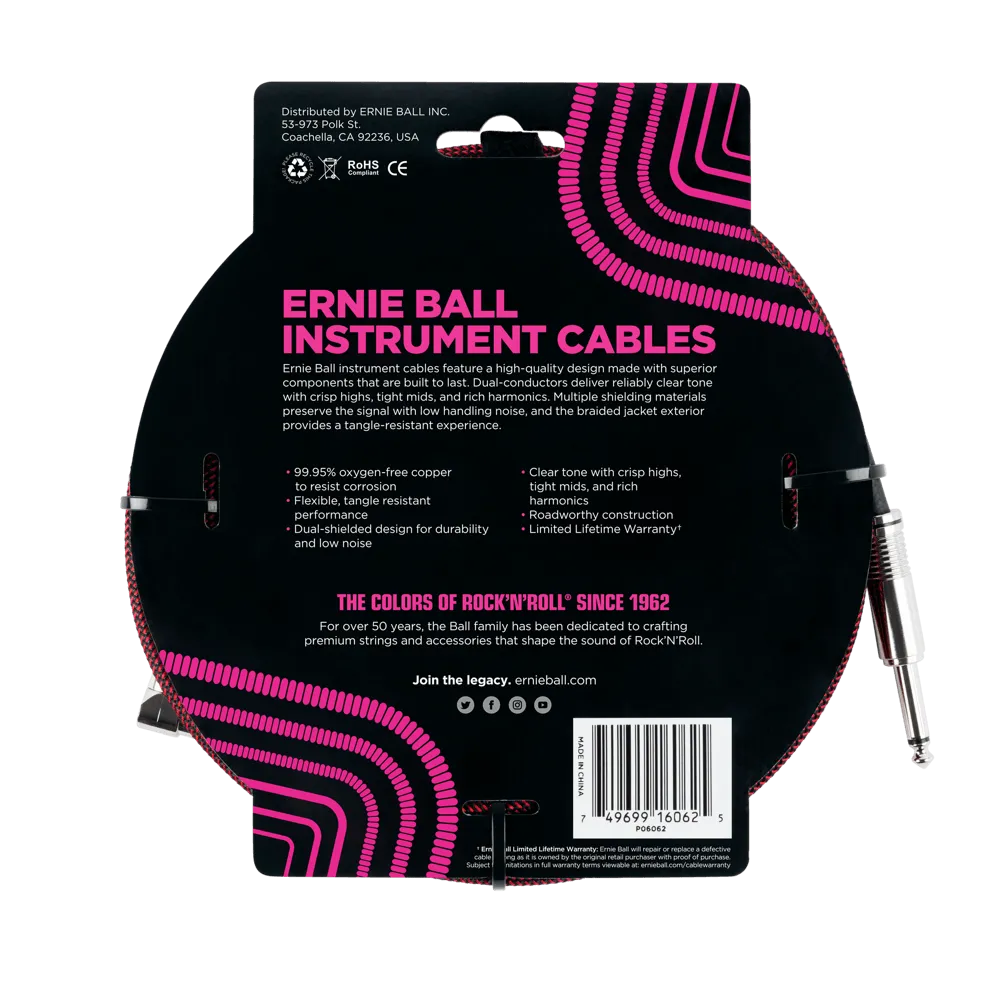 Ernie Ball 25 Braided Straight / Angle Instrument Cable - Black / Red