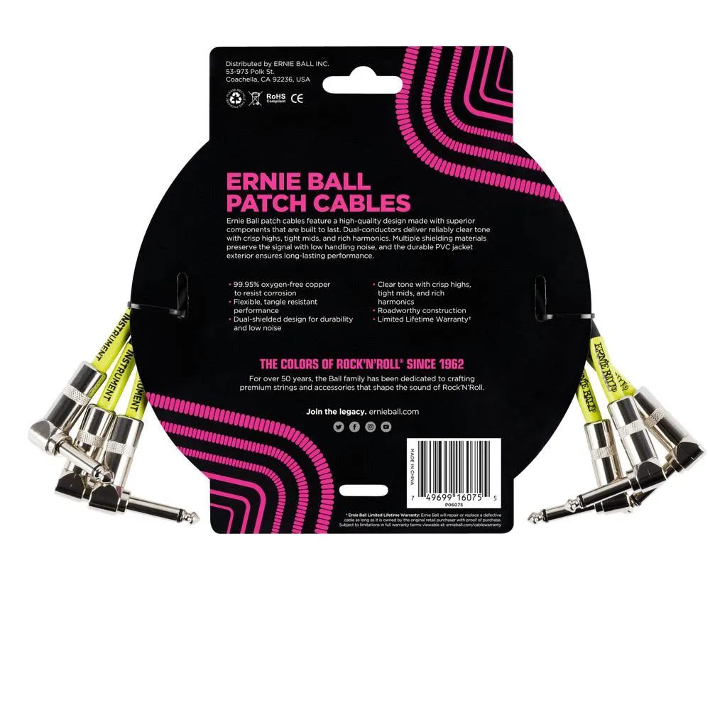 Ernie Ball 30 cm Angle / Angle Patch Cable 3 Pack in Black