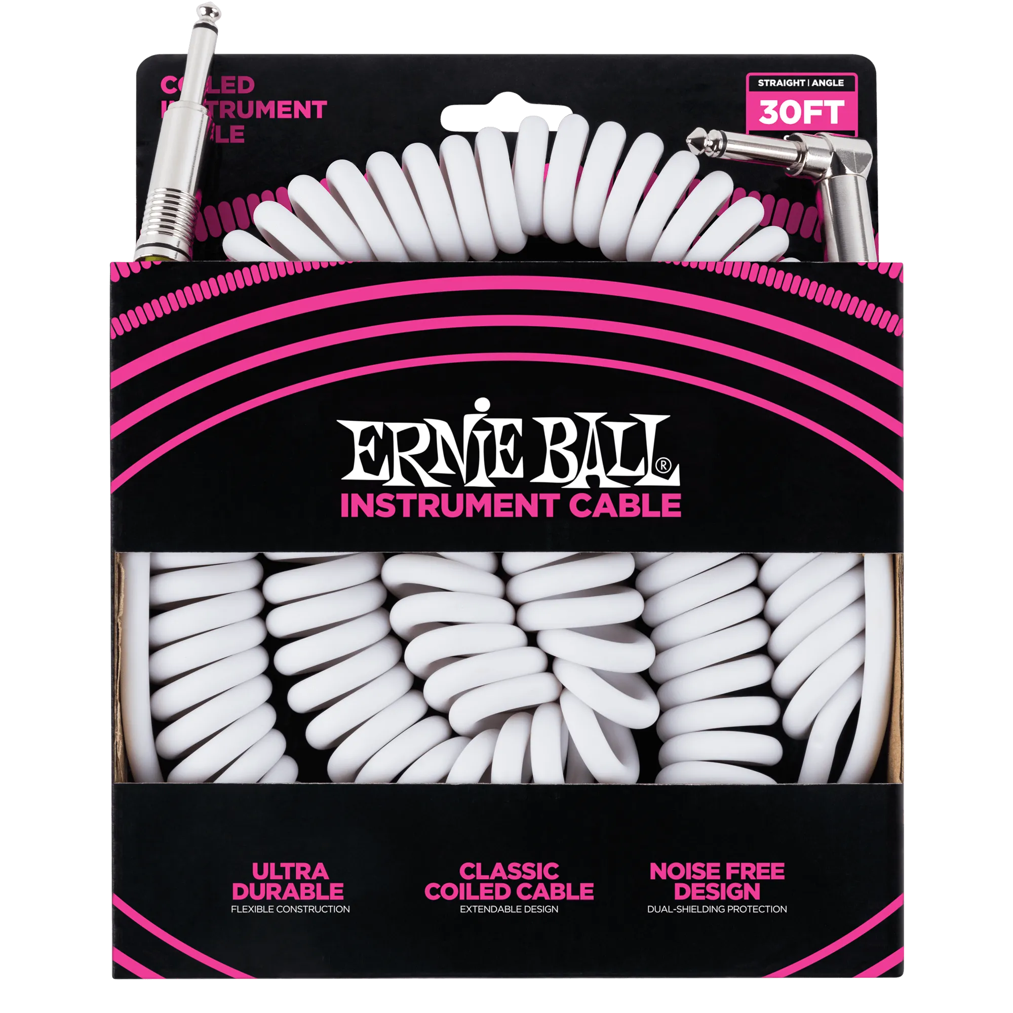 Ernie Ball 30 Coiled Straight / Angle Instrument Cable - White