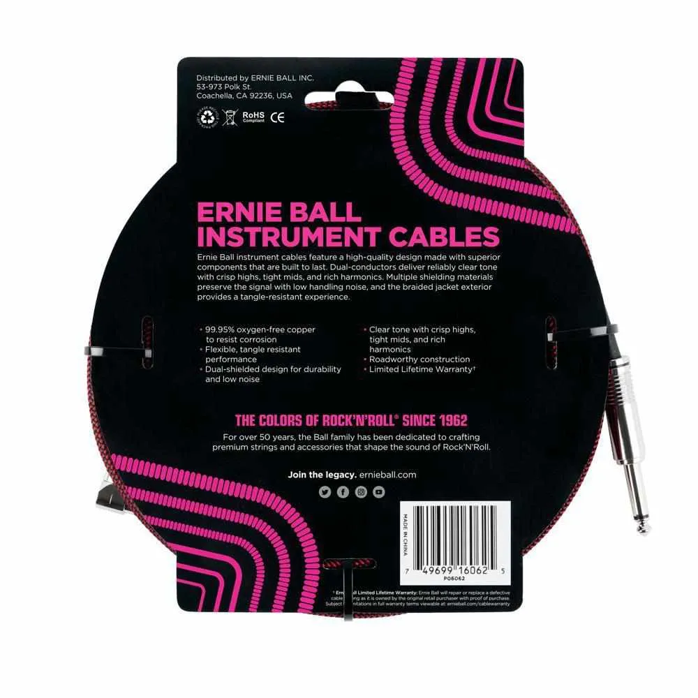 Ernie Ball 7.5 Meter Braided Straight / Angle Instrument Cable, Black / Red