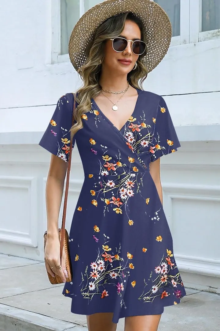 ETCYY NEW Womens Summer Dresses Slant Open V Neck Floral Printed Sundresses Flowy Dress Short Sleeve