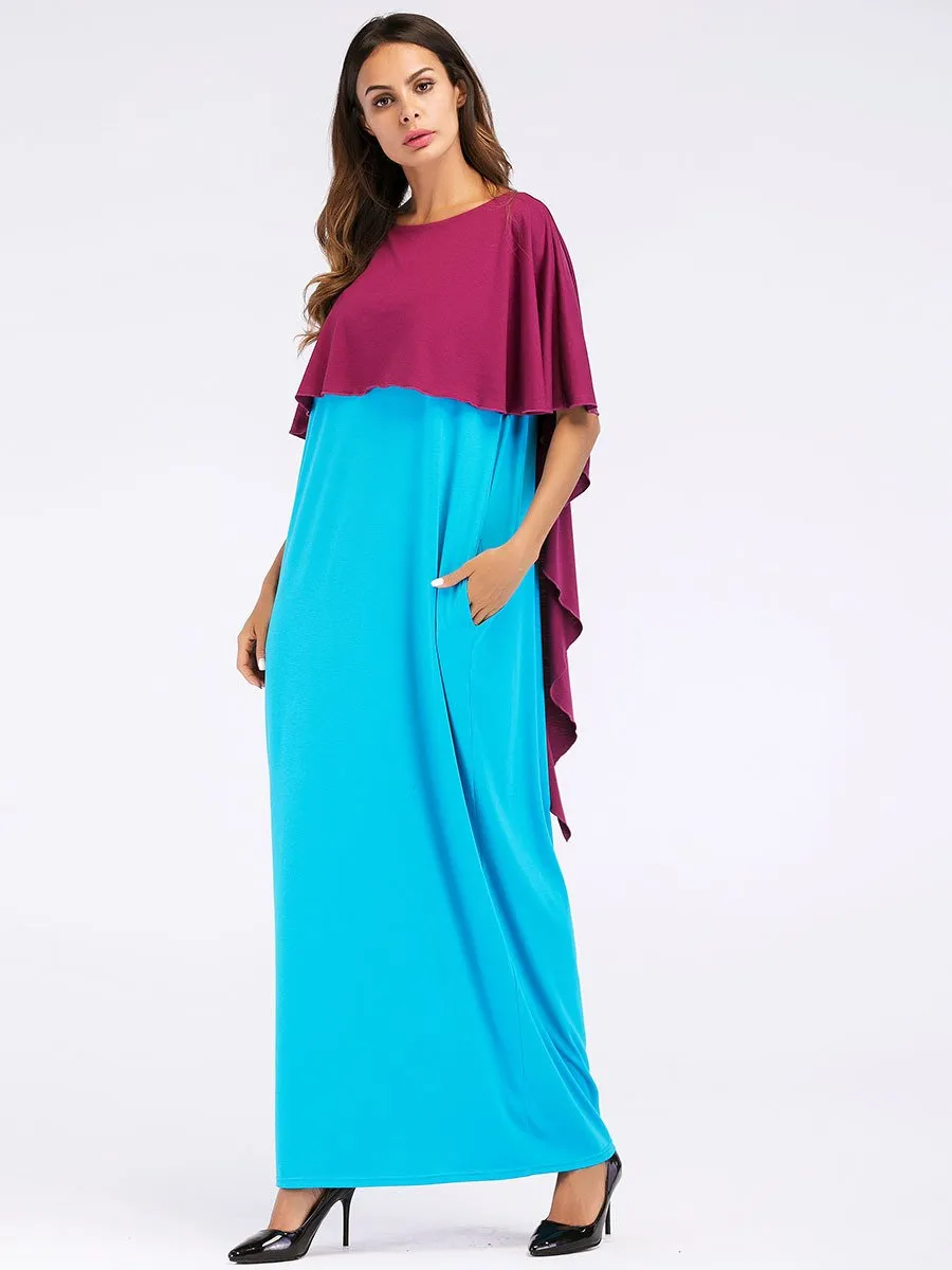 Fashion Contrast Color Asymmetry Cloak Patckwork Design Maxi Long Dress