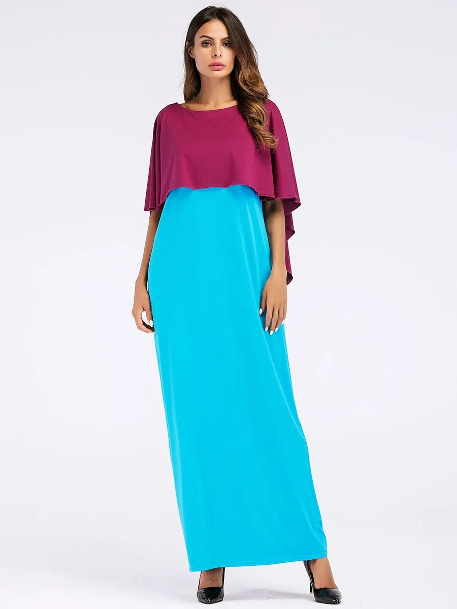 Fashion Contrast Color Asymmetry Cloak Patckwork Design Maxi Long Dress