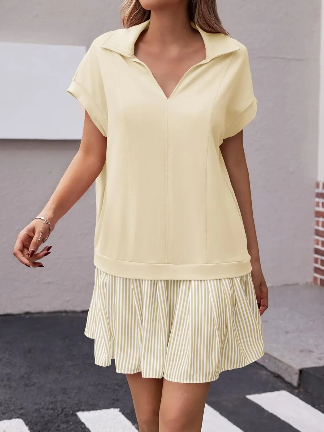 Fisoew Womens Summer Mini Dress Casual Patchwork Short Sleeve Polo V Neck Striped Dresses with Pockets