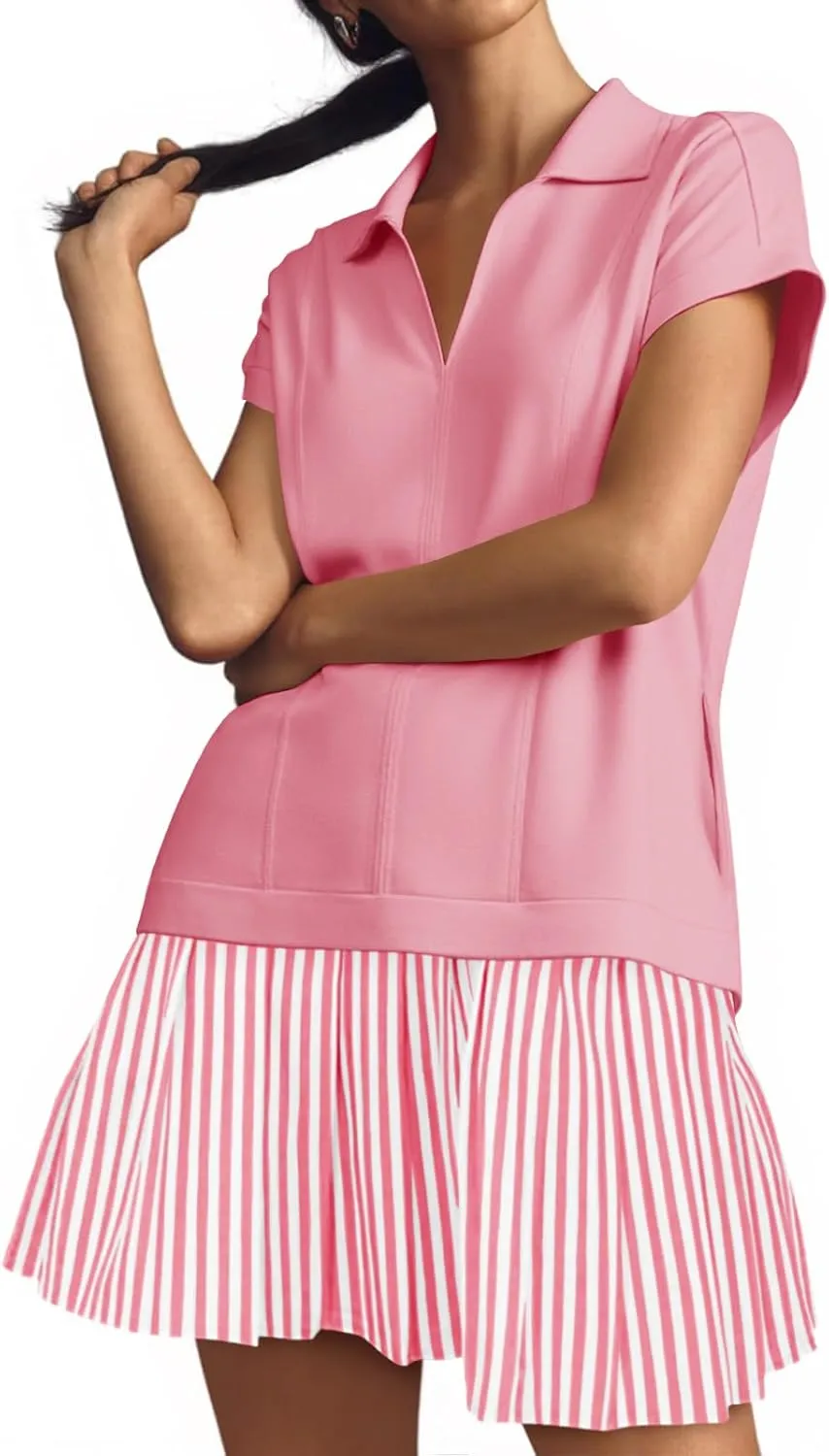 Fisoew Womens Summer Mini Dress Casual Patchwork Short Sleeve Polo V Neck Striped Dresses with Pockets
