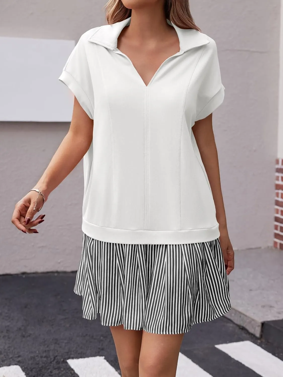 Fisoew Womens Summer Mini Dress Casual Patchwork Short Sleeve Polo V Neck Striped Dresses with Pockets