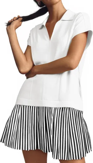 Fisoew Womens Summer Mini Dress Casual Patchwork Short Sleeve Polo V Neck Striped Dresses with Pockets