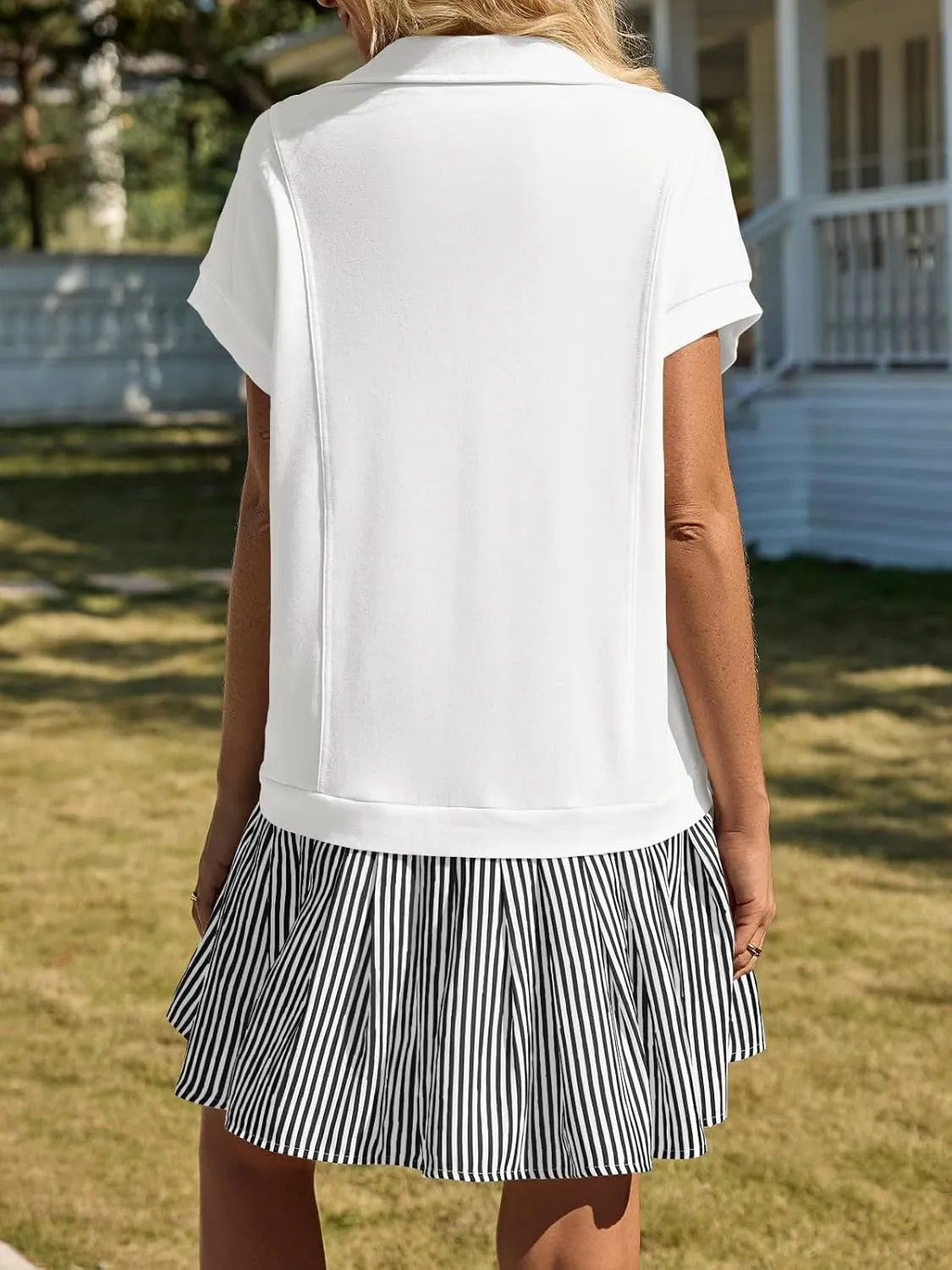 Fisoew Womens Summer Mini Dress Casual Patchwork Short Sleeve Polo V Neck Striped Dresses with Pockets