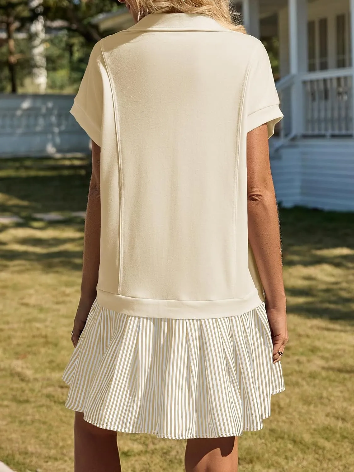 Fisoew Womens Summer Mini Dress Casual Patchwork Short Sleeve Polo V Neck Striped Dresses with Pockets