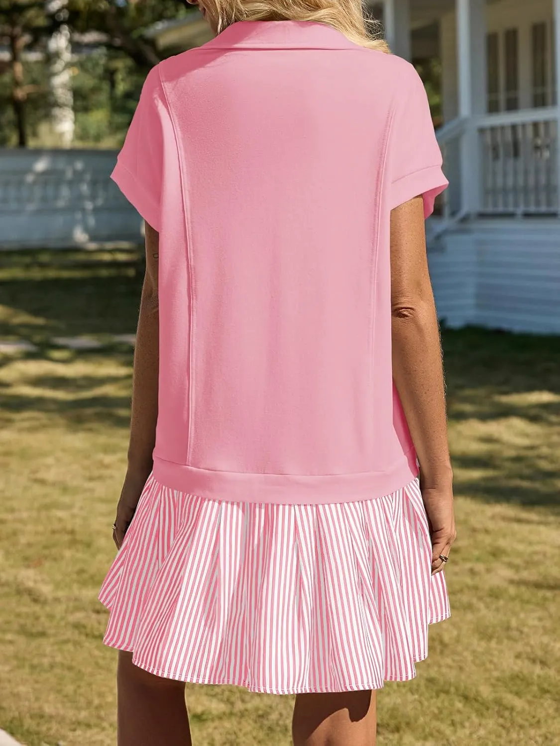 Fisoew Womens Summer Mini Dress Casual Patchwork Short Sleeve Polo V Neck Striped Dresses with Pockets