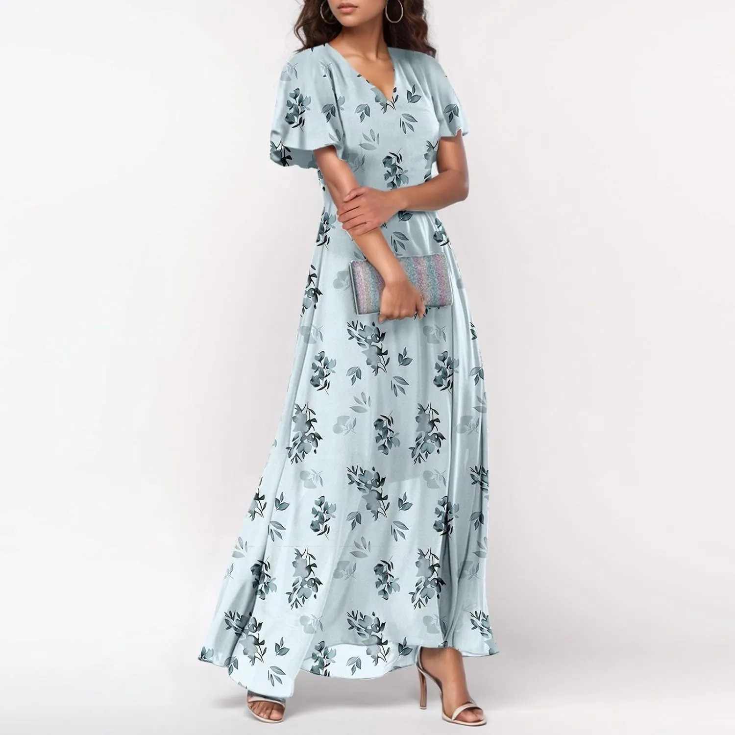 Floral Maxi Dresses for Women 2025 Dressy Elegant Long Flowy Dresses Casual Summer Flutter Sleeve V Neck Swing Dress
