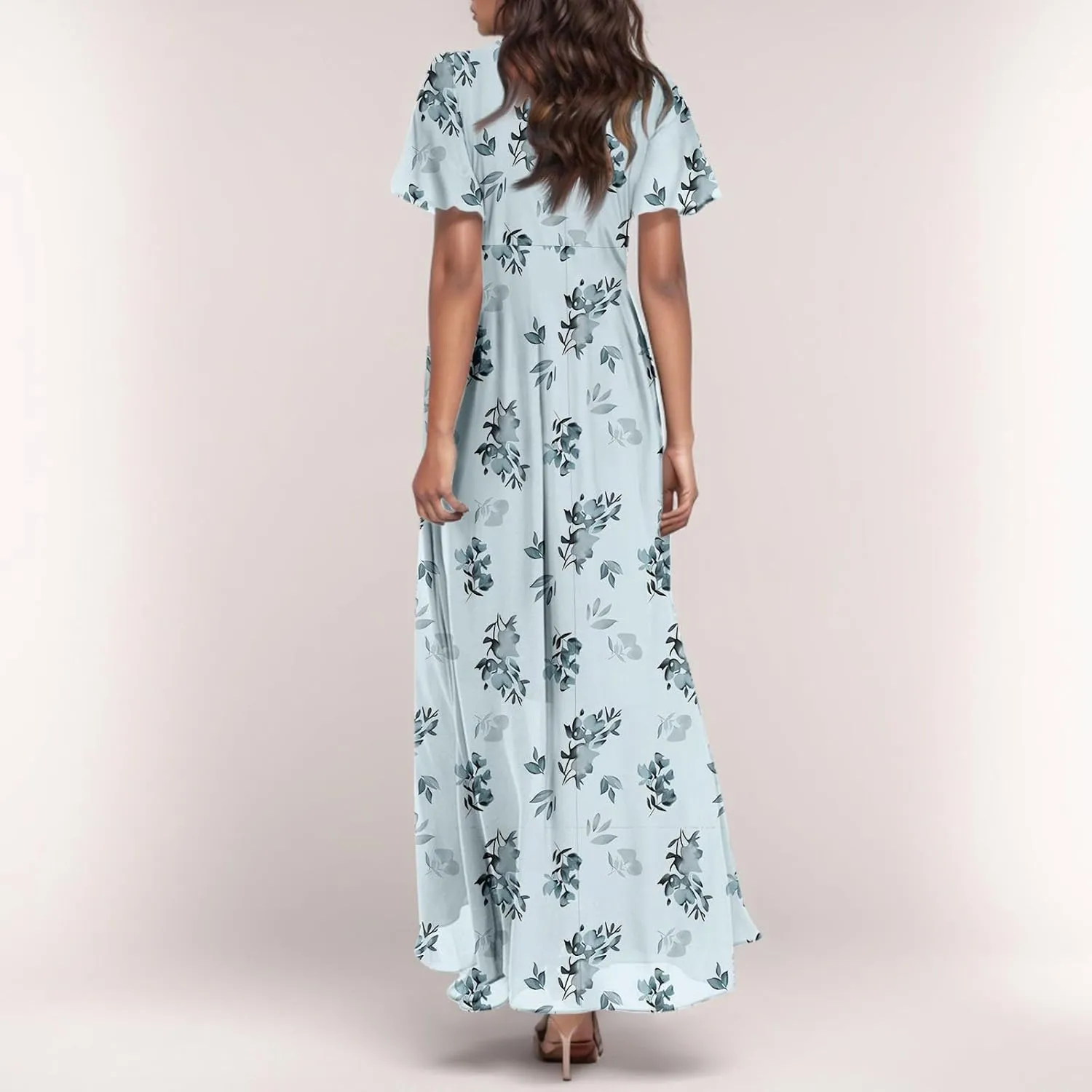 Floral Maxi Dresses for Women 2025 Dressy Elegant Long Flowy Dresses Casual Summer Flutter Sleeve V Neck Swing Dress