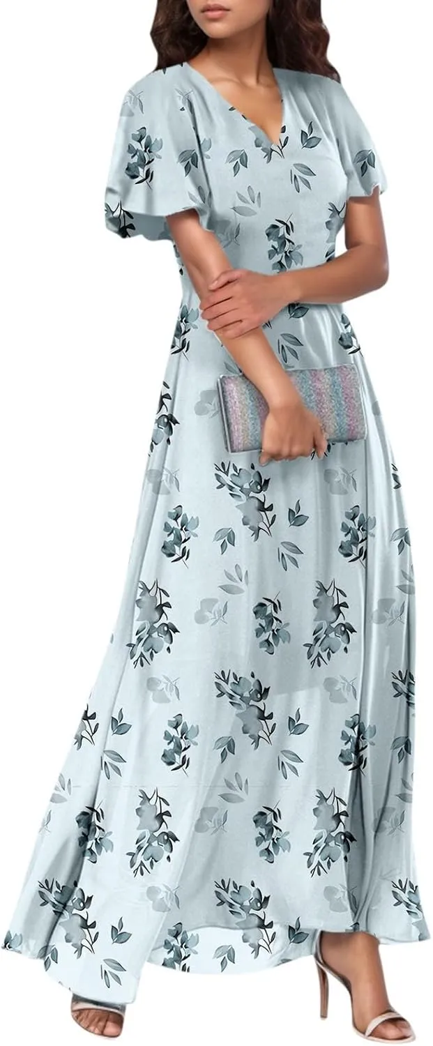 Floral Maxi Dresses for Women 2025 Dressy Elegant Long Flowy Dresses Casual Summer Flutter Sleeve V Neck Swing Dress