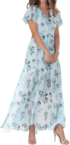 Floral Maxi Dresses for Women 2025 Dressy Elegant Long Flowy Dresses Casual Summer Flutter Sleeve V Neck Swing Dress