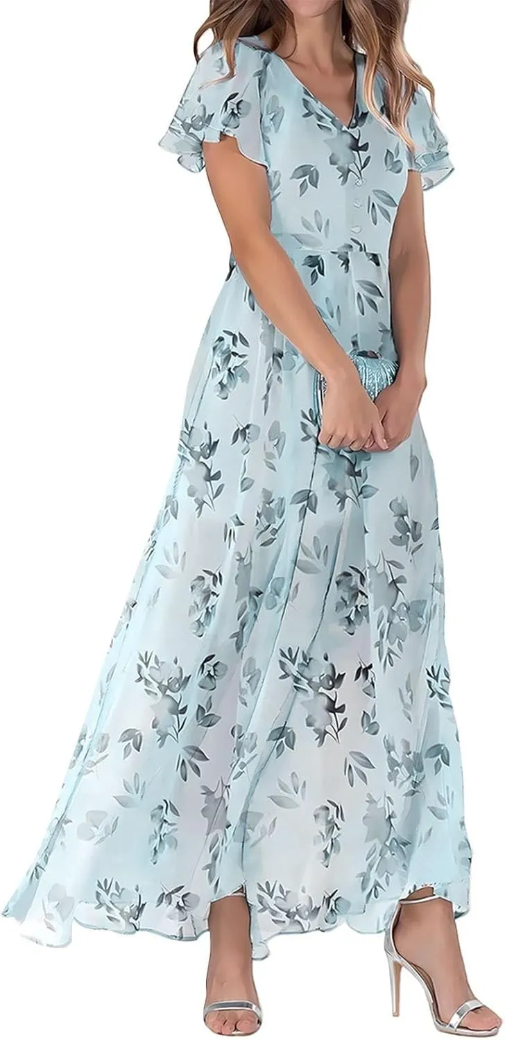 Floral Maxi Dresses for Women 2025 Dressy Elegant Long Flowy Dresses Casual Summer Flutter Sleeve V Neck Swing Dress