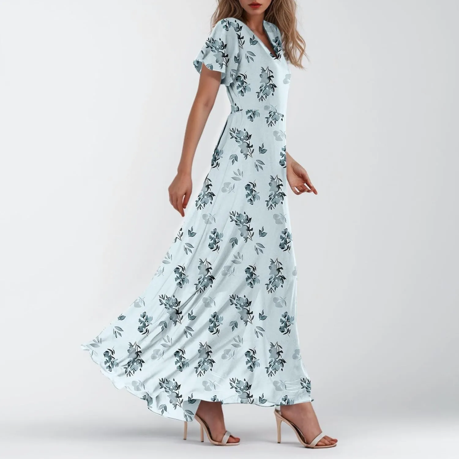 Floral Maxi Dresses for Women 2025 Dressy Elegant Long Flowy Dresses Casual Summer Flutter Sleeve V Neck Swing Dress