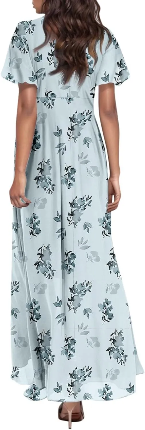 Floral Maxi Dresses for Women 2025 Dressy Elegant Long Flowy Dresses Casual Summer Flutter Sleeve V Neck Swing Dress