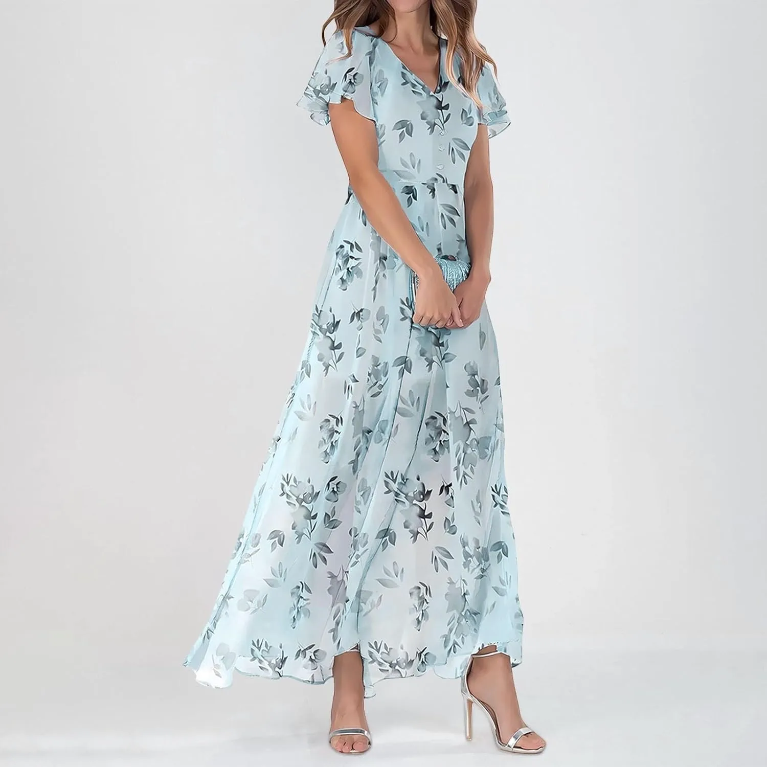 Floral Maxi Dresses for Women 2025 Dressy Elegant Long Flowy Dresses Casual Summer Flutter Sleeve V Neck Swing Dress