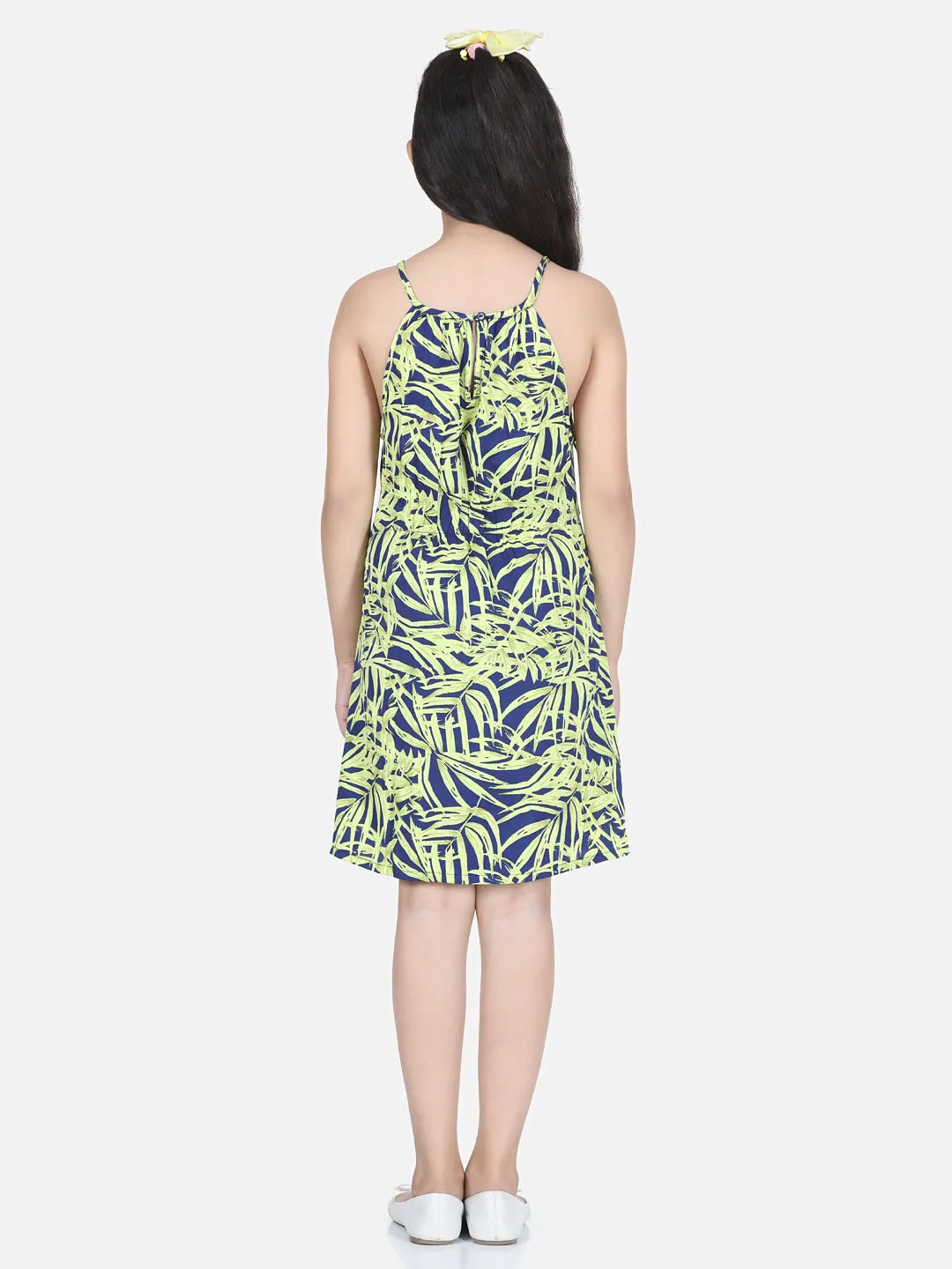 Girl's Blue And Yellow Printed Front Knot Dress - StyleStone Kid