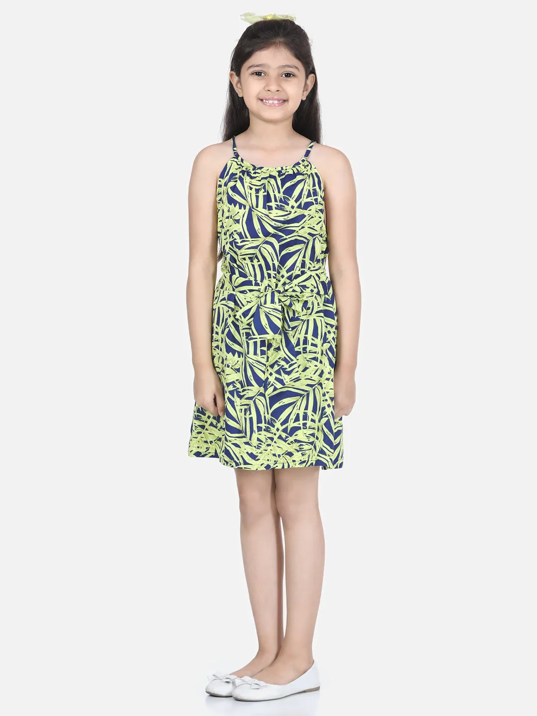 Girl's Blue And Yellow Printed Front Knot Dress - StyleStone Kid