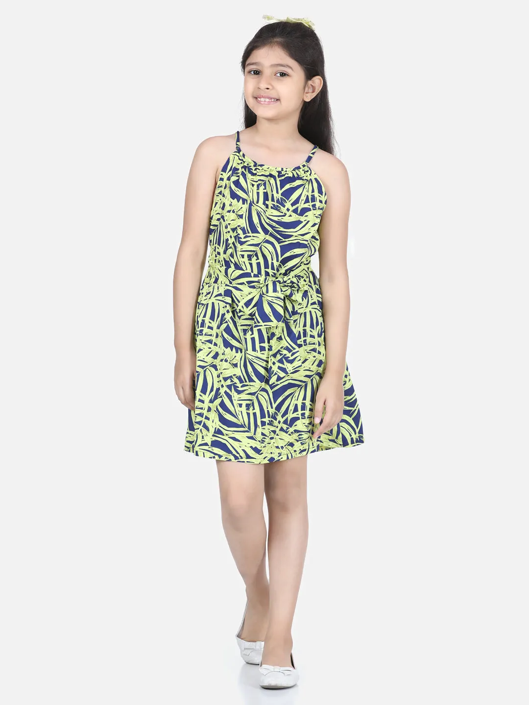 Girl's Blue And Yellow Printed Front Knot Dress - StyleStone Kid
