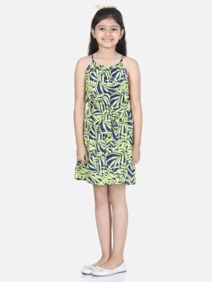 Girl's Blue And Yellow Printed Front Knot Dress - StyleStone Kid