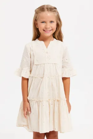 Girls Cream Embroidered Tiered Dress